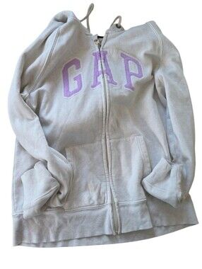 GAP Light Gray Zip-Up Hoodie with Lavender Lettering